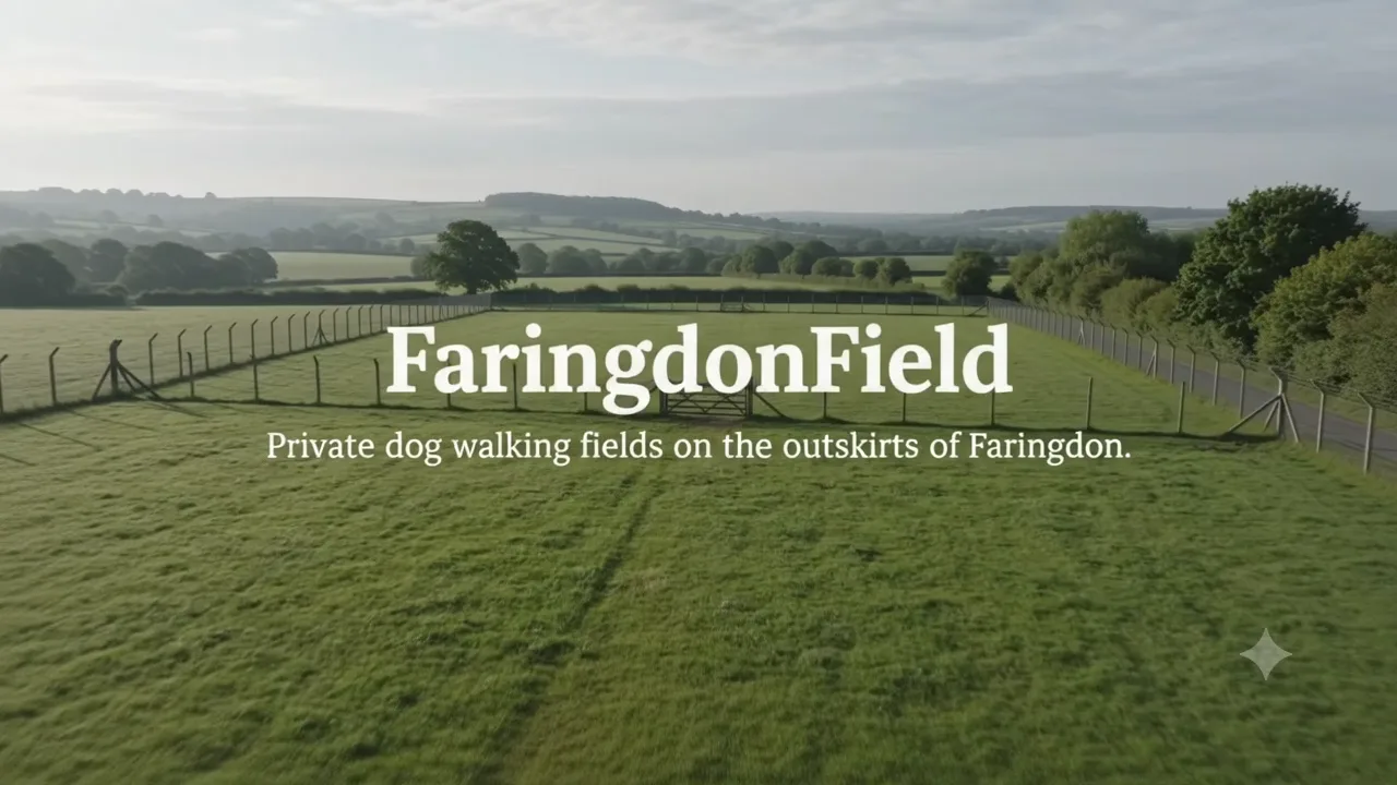 A golden retriever and its owner at the gate of a secure, fully fenced dog field near Faringdon, with open Oxfordshire countryside behind.